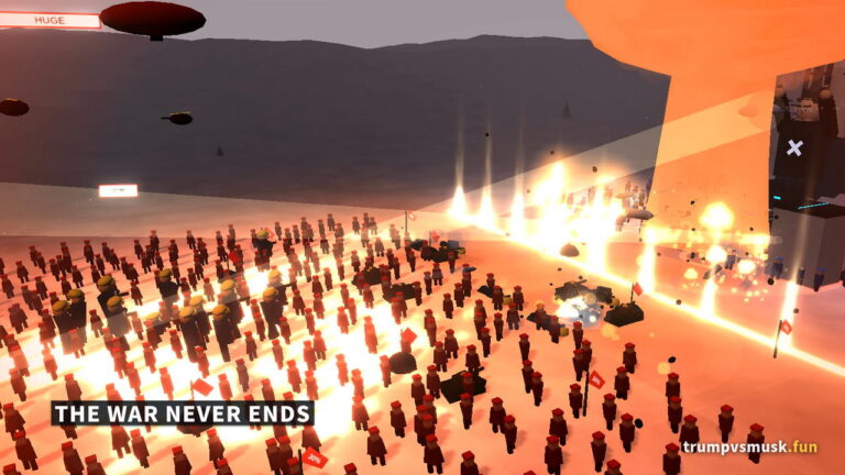 TrumpVsMusk.fun battlefield: the red $TRUMP army and blue $MUSK army meeting at the front line