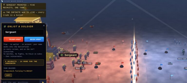 A promoted soldier becoming a named tank on the TrumpVsMusk.fun battlefield
